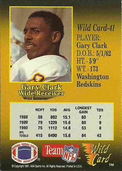 1991 Wild Card #41 Gary Clark Back