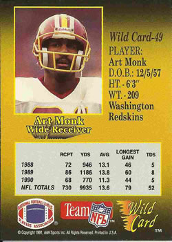 1991 Wild Card #49 Art Monk Back
