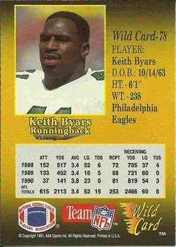 1991 Wild Card #78 Keith Byars Back