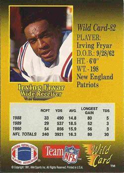1991 Wild Card #82 Irving Fryar Back