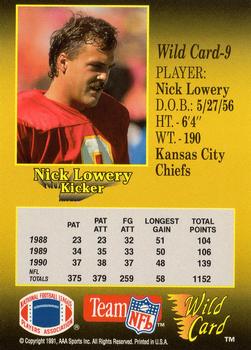 1991 Wild Card #9 Nick Lowery Back