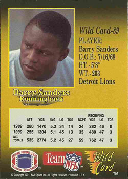 1991 Wild Card #89 Barry Sanders Back
