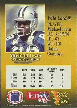 1991 Wild Card #95 Michael Irvin Back