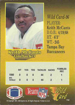 1991 Wild Card #96 Keith McCants Back