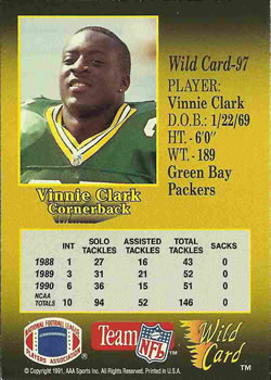 1991 Wild Card #97 Vinnie Clark Back
