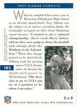 1992 Pro Line Profiles #183 Troy Aikman Back