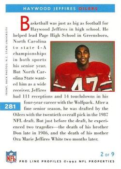 1992 Pro Line Profiles #281 Haywood Jeffires Back