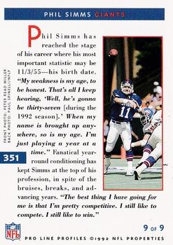 1992 Pro Line Profiles #351 Phil Simms Back