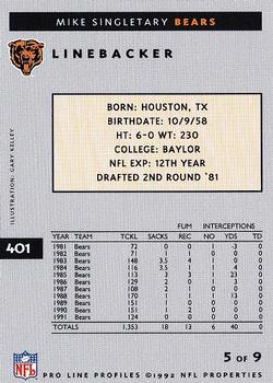 1992 Pro Line Profiles #401 Mike Singletary Back