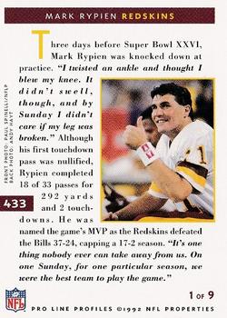 1992 Pro Line Profiles #433 Mark Rypien Back