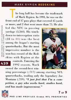 1992 Pro Line Profiles #439 Mark Rypien Back