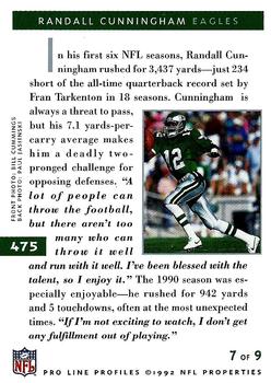 1992 Pro Line Profiles #475 Randall Cunningham Back