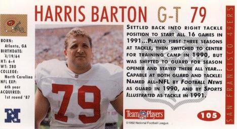 1992 GameDay #105 Harris Barton Back
