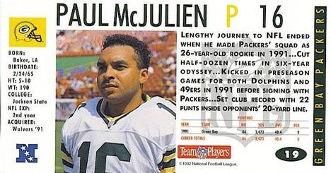 1992 GameDay #19 Paul McJulien Back
