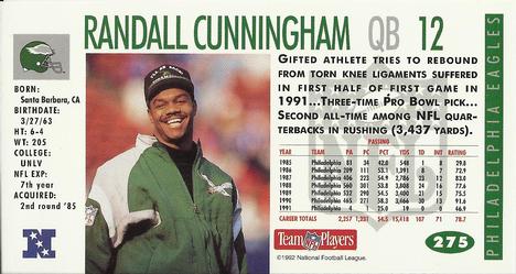 1992 GameDay #275 Randall Cunningham Back