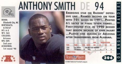 1992 GameDay #306 Anthony Smith Back