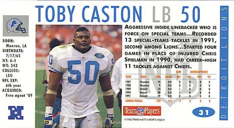 1992 GameDay #31 Toby Caston Back