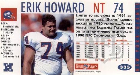 1992 GameDay #335 Erik Howard Back