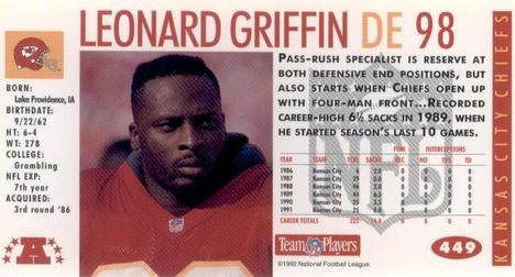 1992 GameDay #449 Leonard Griffin Back