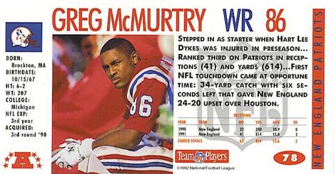 1992 GameDay #78 Greg McMurtry Back