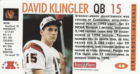 1992 GameDay #48 David Klingler Back
