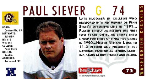 1992 GameDay #72 Paul Siever Back