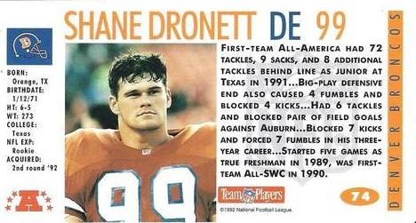 1992 GameDay #74 Shane Dronett Back