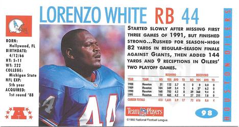 1992 GameDay #98 Lorenzo White Back