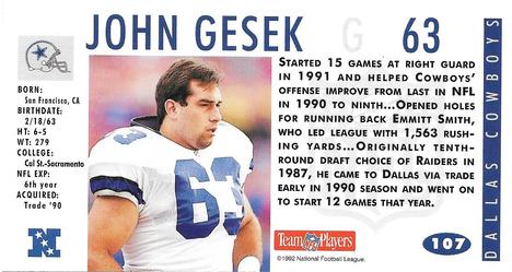 1992 GameDay #107 John Gesek Back