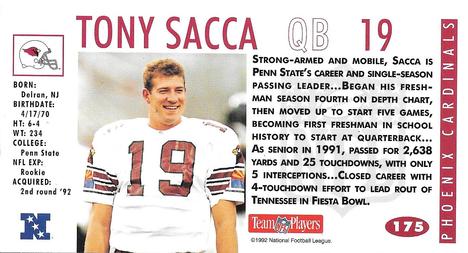 1992 GameDay #175 Tony Sacca Back