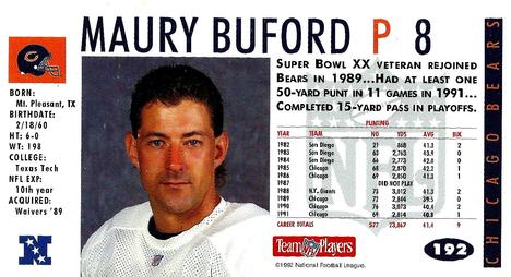 1992 GameDay #192 Maury Buford Back