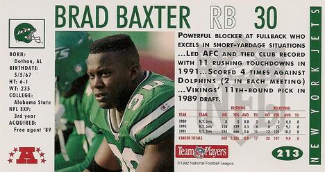 1992 GameDay #213 Brad Baxter Back
