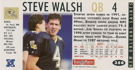 1992 GameDay #350 Steve Walsh Back