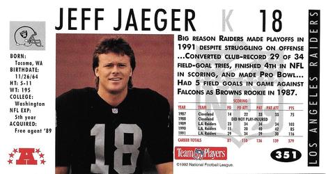 1992 GameDay #351 Jeff Jaeger Back