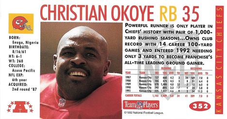 1992 GameDay #352 Christian Okoye Back