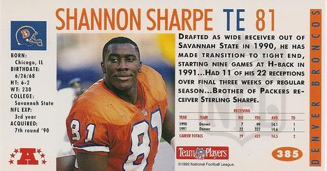 1992 GameDay #385 Shannon Sharpe Back