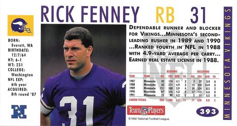 1992 GameDay #393 Rick Fenney Back