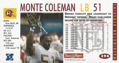 1992 GameDay #396 Monte Coleman Back