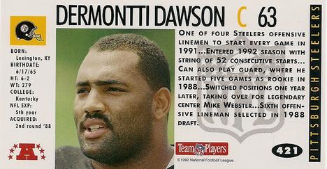 1992 GameDay #421 Dermontti Dawson Back