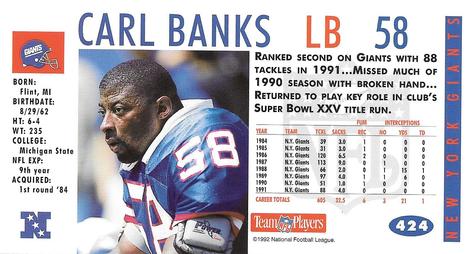 1992 GameDay #424 Carl Banks Back