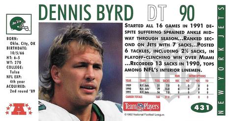 1992 GameDay #431 Dennis Byrd Back