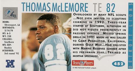 1992 GameDay #452 Thomas McLemore Back