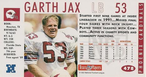 1992 GameDay #478 Garth Jax Back