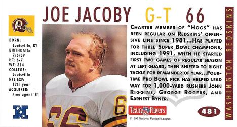 1992 GameDay #481 Joe Jacoby Back