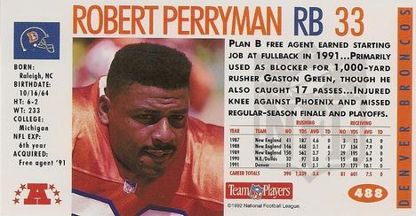 1992 GameDay #488 Robert Perryman Back