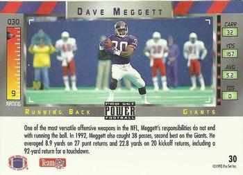 1993 Pro Set Power #30 Dave Meggett Back