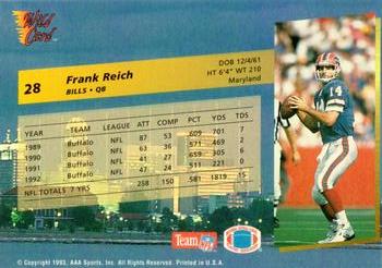 1993 Wild Card #28 Frank Reich Back