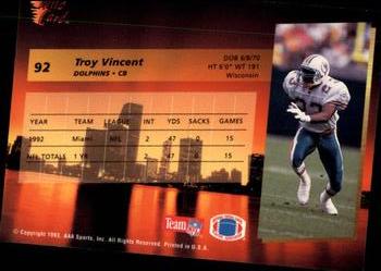 1993 Wild Card #92 Troy Vincent Back