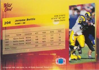 1993 Wild Card #204 Jerome Bettis Back