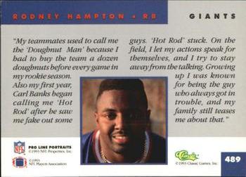 1993 Pro Line Portraits #489 Rodney Hampton Back